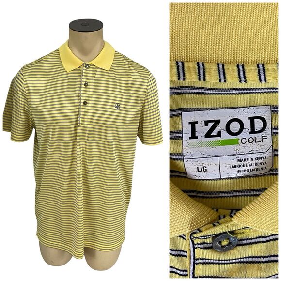 Izod Polo Shirt Mens Large Yellow Stripe Golf Preppy Work Office Casual Athletic - Picture 2 of 14